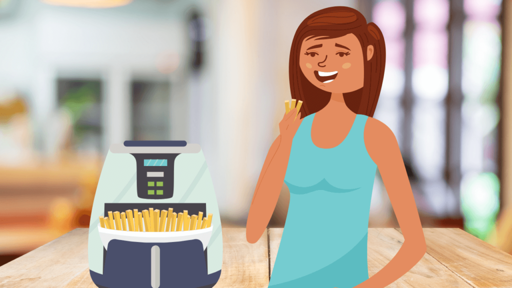 desenho ilustrando uma personagem se deliciando com batatas fritas que acabou de ser feita em umaair fryer de 5 litros